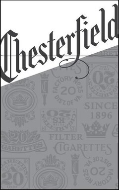 CHESTERFIELD FILTER CIGARETTES FACTORY No. 25 20 DIST. OF VA. U.S. I.R. CIGARETTES CLASS A 20 SINCE 1896 CIGARETTES FILTER KS 20