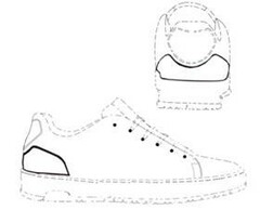 Het merk is een positiemerk en bestaat uit een onderdeel dat op de achterzijde van de schoen is aangebracht van de linkerzijde tot de rechterzijde van de schoen. De bovenkant van het onderdeel is licht gebogen. 
 
De stippellijnen markeren de positie van het merk en zijn geen onderdeel van het merk.