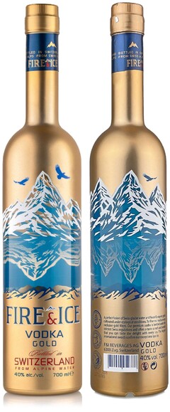 FIRE & ICE VODKA GOLD Bottled in SWITZERLAND FROM ALPINE WATER 40 % alc./vol. 700 ml