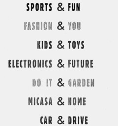 SPORTS & FUN FASHION & YOU KIDS & TOYS ELECTRONICS & FUTURE DO IT & GARDEN MICASA & HOME CAR & DRIVE