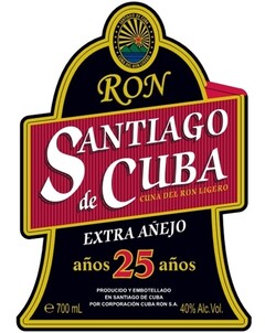 RON SANTIAGO de CUBA CUNA DEL RON LIGERO EXTRA AÑEJO años 25 años