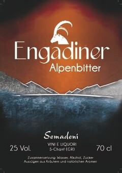 Engadiner Alpenbitter Semadeni VINI E LIQUORI 25 Vol. S-Chanf (GR) 70cl Zusammensetzung: Wasser, Alkohol, Zucker Auszügen aus Kräutern und natürlichen Aromen