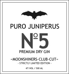 PURO JUNIPERUS No 5 PREMIUM DRY GIN MOONSHINERS-CLUB-CUT - STRICTLY LIMITED EDITION - 47%VOL / 500 ML