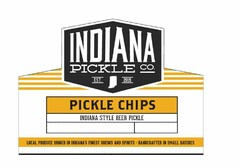 INDIANA PICKLE CO. EST. 2015 PICKLE CHIPS INDIANA STYLE BEER PICKLE LOCAL PRODUCE BRINED IN INDIANA'S FINEST BREWS AND SPIRITS · HANDCRAFTED IN SMALL BATCHES