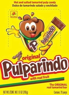 HOT AND SALTED TAMARIND PULP CANDY DULCE DE TAMARINDO, SALADO Y ENCHILADO DE LA ROSA P ORIGINAL PULPARINDO WITH REAL FRUIT ORIGINAL PULPARINDO WITH REAL FRUIT THE ORIGINAL REAL TAMARIND BAR NET WT. / CONT. NET. 10 OZ (280G) CONTAINS: 20 PIECES