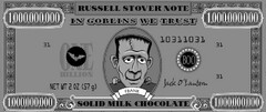 RUSSELL STOVER NOTE 1,000,000,000 IN GOBLINS WE TRUST 1,000,000,000 31 ONE BILLION BOO 10311031 31 NET WT 2 OZ (57 G) FRANK JACK O' LANTERN 31 1,000,000,000 SOLID MILK CHOCOLATE 1,000,000,000