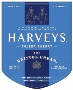 HARVEYS SOLERA SHERRY THE BRISTOL CREAM. FROM JEREZ TO BRISTOL HARVEY BROTHERS, BRISTOL WINE MERCHANTS IMPORTING FROM SPAIN DARK, GOLDEN AND COMPLEX RICH WITH A MELLOW SWEETNESS BEST SERVED CHILLED-PERFECT WHEN 'HARVEYS' TURNS BLUE