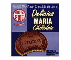 GALLETA MAF A CON CHOCOLATE DE LECHE GALLETAS PUIG DESDE 1911 DELICIAS MARIA & CHOCOLATE PUIG MARIA CARACAS PESO NETO: 34 G NET WEIGHT: 1,19 OZ CPE0909174975