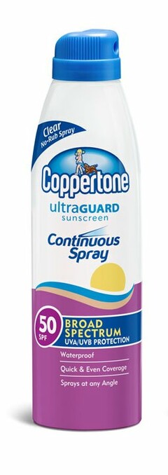 COPPERTONE ULTRAGUARD SUNSCREEN CONTINUOUS SPRAY CLEAR NO-RUB SPRAY BROAD SPECTRUM UVA/UVB PROTECTION WATERPROOF QUICK & EVEN COVERAGE SPRAYS AT ANY ANGLE