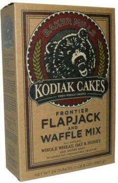 KODIAK CAKES 100% WHOLE GRAINS BAKER MILLS FRONTIER FLAPJACK AND WAFFLE MIX ALL NATURAL WHOLE WHEAT, OAT & HONEY ADD WATER ONLY