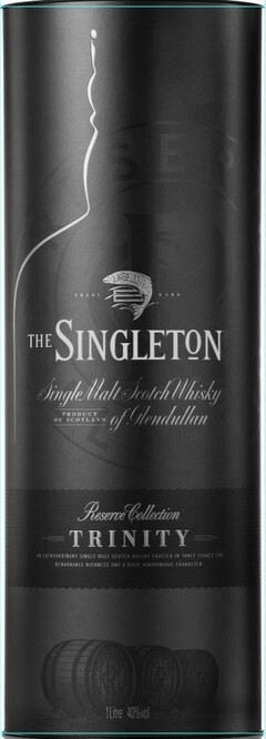THE SINGLETON SINGLE MALT SCOTCH WHISKY OF GLENDULLAN PRODUCT OF SCOTLAND RESERVE COLLECTION TRINITY AN EXTRAORDINARY SINGLE MALT SCOTCH WHISKY CRAFTED IN THREE STAGES FOR REMARKABLE RICHNESS AND A DEEP, HARMONIOUS CHARACTER 1LITRE 40%VOL