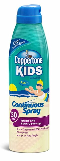 COPPERTONE KIDS SUNSCREEN CLEAR NO-RUB SPRAY CONTINUOUS SPRAY QUICK AND EVEN COVERAGE BROAD SPECTRUM UVA/UVB PROTECTION WATERPROOF SPRAYS AT ANY ANGLE