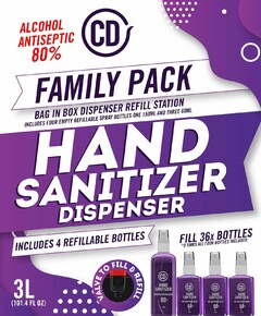 CD ALCOHOL ANTISEPTIC 80% FAMILY PACK BAG IN BOX DISPENSER REFILL STATION INCLUDES FOUR EMPTY REFILLABLE SPRAY BOTTLES ONE 150ML AND THREE 60ML HAND SANITIZER DISPENSER INCLUDES 4 REFILLABLE BOTTLES FILL 36X BOTTLES *9 TIMES ALL FOUR BOTTLES INCLUDED. VALVE TO FILL & REFILL 3L (101.4 FL OZ) CD HAND SANITIZER ALCOHOL ANTISEPTIC 80% 150ML CD HAND SANITIZER ALCOHOL ANTISEPTIC 80% 60ML CD HAND SANITIZER ALCOHOL ANTISEPTIC 80% 60ML CD HAND SANITIZER ALCOHOL ANTISEPTIC 80% 60ML