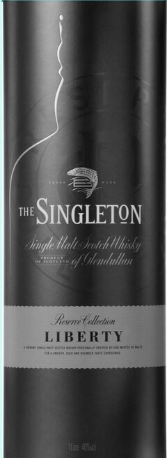 THE SINGLETON SINGLE MALT SCOTCH WHISKY OF GLENDULLAN PRODUCT OF SCOTLAND RESERVE COLLECTION LIBERTY A VIBRANT SINGLE MALT SCOTCH WHISKY PERSONALLY CREATED BY OUR MASTER OF MALTS FOR A SMOOTH, RICH AND ROUNDED TASTE EXPERIENCE 1LITRE 40%VOL
