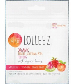 LOLLEEZ DON'T WORRY I'M FLAT ORGANIC THROAT SOOTHING POPS FOR KIDS WITH ORGANIC HONEY WATERMELON STRAWBERRY ORANGE MANGO MADE WITH ORGANIC AND NON-GMO INGREDIENTS · GLUTEN FREE · WORRY FREE