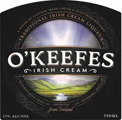 O'KEEFES - IRISH CREAM - A BLEND OF NATURAL IRISH CREAM & AGED IRISH WHISKEY - TRADITIONAL IRISH CREAM LIQUEUR - BLENDED WITH CRAFT IN CO. TIPPERARY, IRELAND IMPORTED FROM IRELAND 17% ALC/VOL 750ML