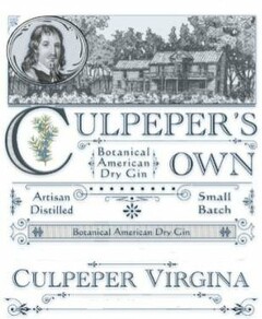 CULPEPER'S OWN AMERICAN BOTANICAL DRY GIN VAPOR INFUSED ARTISAN DISTILLED SMALL BATCH PREMIUM HAND SELECTED BOTANICALS CULPEPER VIRGINIA