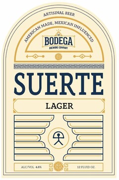 ARTISINAL BEER AMERICAN MADE, MEXICAN INFLUENCED LA BODEGA BREWING COMPANY SUERTE LAGER ALC/VOL 4.8% 12 FLUID OZ.