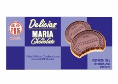 GALLETAS PUIG DESDE 1911 DELICIAS MARIA& CHOCOLATE PUIG MARIA PUIG MARIA CARACAS GALLETA MARIA CON CHOCOLATE DE LECHE BISCUITS WITH MILK CHOCOLATE PESO NETO: 136 G NET WEIGHT: 4,79 OZ