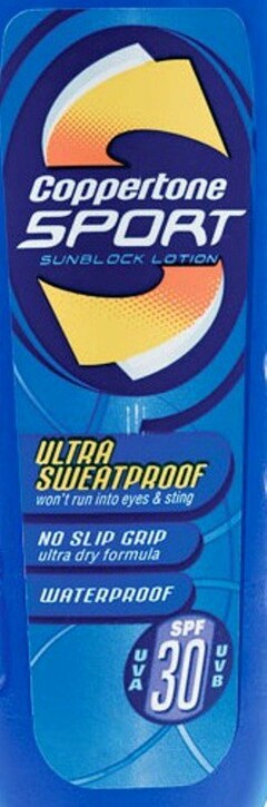 S COPPERTONE SPORT SUNBLOCK LOTION ULTRA SWEATPROOF WON'T RUN INTO EYES & STING NO SLIP GRIP ULTRA DRY FORMULA WATERPROOF UVA UVB