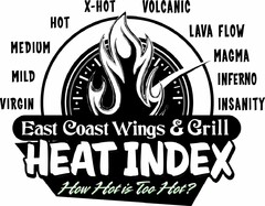 VIRGIN MILD MEDIUM HOT X-HOT VOLCANIC LAVA FLOW MAGMA INFERNO INSANITY EAST COAST WINGS & GRILL HEAT INDEX HOW HOT IS TOO HOT?