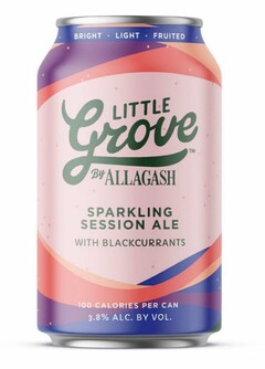 BRIGHT LIGHT FRUITED LITTLE GROVE BY ALLAGASH SPARKLING SESSION ALE WITH BLACKCURRANTS 100 CALORIES PER CAN 3.8% ALC. BY VOL.