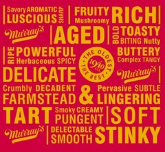 SAVORY AROMATIC LUSCIOUS SHARP FRUITY MUSHROOMY RICH MURRAY'S AGED BOLD TOASTY BITING NUTTY RIPE POWERFUL HERBACEOUS SPICY · THE OLDEST THE BEST · 1940 EST. BUTTERY COMPLEX TANGY DELICATE MURRAY'S CRUMBLY DECADENT FARMSTEAD & PERVASIVE SUBTLE LINGERING TART SMOKY CREAMY PUNGENT SOFT MURRAY'S DELECTABLE SMOOTH STINKY