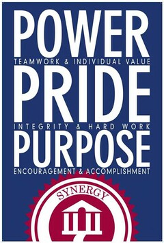 POWER PRIDE PURPOSE TEAMWORK & INDIVIDUAL VALUE INTEGRITY & HARD WORK ENCOURAGEMENT & ACCOMPLISHMENT SYNERGY