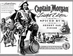 CAPTAIN MORGAN LIMITED EDITION SPICED RUM SHERRY OAK FINISH, CARIBBEAN RUM WITH SELECT SPICES AND NATURAL FLAVORS, THIS LIMITED EDITION SPICED RUM WAS INSPIRED BY SIR HENRY MORGAN'S IMPROBABLE & STORIED VICTORY ON THE SHORES OF PANAMA IN 1671