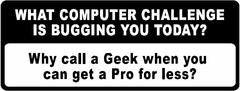 WHAT COMPUTER CHALLENGE IS BUGGING YOU TODAY? WHY CALL A GEEK WHEN YOU CAN GET A PRO FOR LESS?