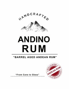 HANDCRAFTED ANDINO RUM "BARREL AGED ANDEAN RUM" DISTILLED IN PERU ANDEAN RUM AGED IN AMERICAN OAK BARRELS "FROM CANE TO GLASS" 750 ML 45% ALC/VOL 90 PROOF