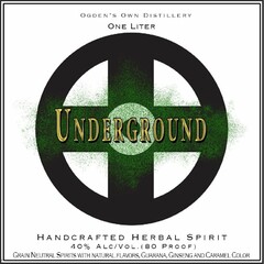 OGDEN'S OWN DISTILLERY ONE LITER UNDERGROUND HANDCRAFTED HERBAL SPIRIT 40% ALC/VOL. (80 PROOF) GRAIN NEUTRAL SPIRITS WITH NATURAL FLAVORS, GUARANA, GINSENG AND CARAMEL COLOR