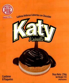 GALLETAS PUIG DESDE 1911 GALLETAS RELLENAS CUBIERTAS CON CHOCOLATE KATY VAINILLA PESO NETO: 256G NET WEIGHT: 9 OZ CONTIENE 8 PAQUETES