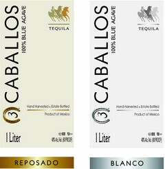 3 CABALLOS 100% BLUE AGAVE TEQUIA 1 LITER REPOSADO BLANCO