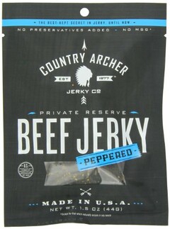 THE BEST-KEPT SECRET IN JERKY, UNTIL NOW. NO PRESERVATIVES ADDED NO MSG* COUNTRY ARCHER EST 1977 JERKY CO PRIVATE RESERVE BEEF JERKEY PEPPERED MADE IN U.S.A. NET WT. 3 OZ (88G) *EXCEPT FOR THAT WHICH NATURALLY OCCURS IN SOY SAUCE