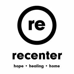RE RECENTER HOPE · HEALING · HOME