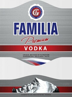 FAMILIA, PREMIUM, VODKA, G, F, ORIGINAL PRODUCT OF CARPATHIAN MOUNTAINS, UNIQUE METHOD OF FILTRATION GUARANTEES DELICIOUS TASTE, CARPATHIAN MOUNTAINS VODKA