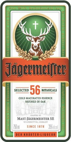 JÄGERMEISTER SELECTED 56 BOTANICALS COLD MACERATED ESSENCE REFINED IN OAK CRAFTED BY MAST-JÄGERMEISTER SE WOLFENBÜTTEL GERMANY SINCE 1878 DER KRÄUTER-LIQUEUR