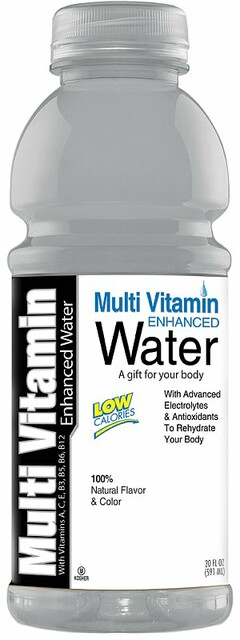 MULTI VITAMIN ENHANCED WATER WITH VITAMINS A, C, E, B3, B5, B6, B12 A GIFT FOR YOUR BODY LOW CALORIES WITH ADVANCED ELECTROLYTES & ANTIOXIDANTS TO REHYDRATE YOUR BODY 100% NATURAL FLAVOR