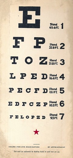 E STAND 65.6FT. 1  F P STAND 32.8 FT. 2  T O Z STAND 21.8FT. 3  L P E D STAND 16.4FT. 4  P E C F D STAND 13.1FT. 5  E D F C Z P STAND 10.2FT. 6  F E L O P Z D STAND 9.3FT. 7  HOURS FOR EYE EXAMATION BY APPOINTMENT TEST EACH EYE SEPARATELY BY HOLDING HAND OR CARD OVER ONE EYE.