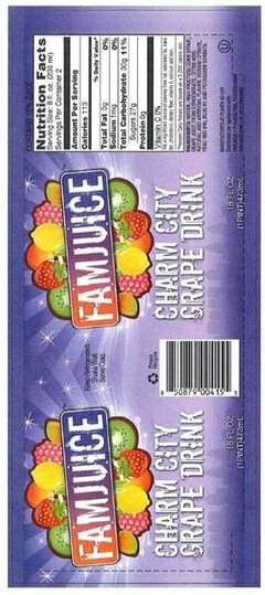 FAMJUICE KEEP REFRIGERATED. SHAKE WELL.SERVE COLD, CHARM CITY GRAPE DRINK