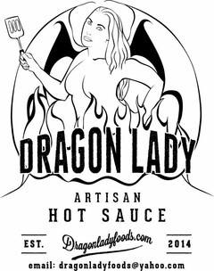 DRAGON LADY; ARTISAN HOT SAUCE; EST. 2014; DRAGONLADYFOODS.COM; EMAIL: DRAGONLADYFOODS@YAHOO.COM