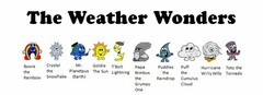 THE WEATHER WONDERS BOWIE THE RAINBOW CRYSTAL THE SNOWFLAKE MR. PLANETPUS (EARTH) GOLDIE THE SUN T'BOLT LIGHTNING PAPA NIMBUS THE GRUMPY ONE PUDDLES THE RAINDROP PUFF THE CUMULUS CLOUD HURRICANE WILLY WILLY TOTO THE TORNADO