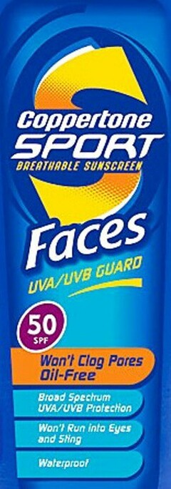 S COPPERTONE SPORT BREATHABLE SUNSCREEN FACES UVA/UVB GUARD WON'T CLOG PORES OIL-FREE BROAD SPECTRUM UVA/UVB PROTECTION WON'T RUN INTO EYES AND STING WATERPROOF