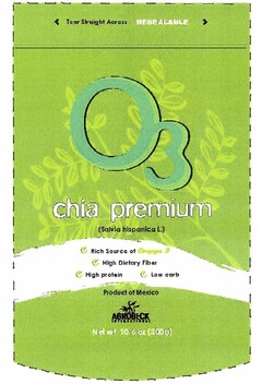 O3 CHIA PREMIUM (SALVIA HISPANICA L.) RICH SOURCE OF OMEGA 3 HIGH DIETARY FIBER HIGH PROTEIN LOW CARB PRODUCT OF MEXICO AGROBECK INTERNATIONAL NET WT. 10.6 OZ (300G)