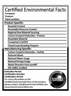 CERTIFIED ENVIRONMENTAL FACTS COMPANY: PRODUCT: PLANT LOCATION: PRODUCT SPECIFIC: RECYCLED CONTENT, RENEWABLE RESOURCE CONTENT, REGIONAL RAW MATERIAL SOURCING, CARBON FOOTPRINT REDUCTION - PRODUCT, RECYCLABLE MATERIAL, COMPLETED LCA/EPD, CLOSED LOOP RECYCLING PROGRAM, MANUFACTURING SPECIFIC: CARBON FOOTPRINT REDUCTION - FACILITY, REDUCED WASTE, REDUCED WATER USAGE, REDUCED ENERGY USAGE, WASTE DIVERSION FROM LANDFILL, ISO 14001 CERTIFIED, EVALUATION PERIOD: CERTIFICATION NUMBER: CERTIFICATION PERIOD: FOR MORE INFORMATION ON THE CERTIFIED ENVIRONMENTAL FACTS OF THIS PRODUCT, PLEASE CONTACT: INFO@GREENCIRCLECERTIFIED.COM, WWW.GREENCIRCLECERTIFIED.COM, GREENCIRCLE CERTIFIED, A SUSTAINABLE SOLUTION, CERTIFIED ENVIRONMENTAL FACTS