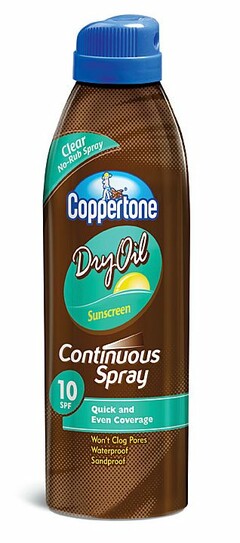 COPPERTONE DRY OIL SUNSCREEN CONTINUOUS SPRAY CLEAR NO-RUB SPRAY QUICK AND EVEN COVERAGE WON'T CLOG PORES WATERPROOF SANDPROOF