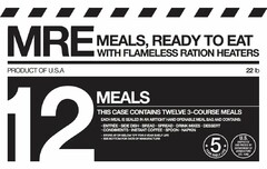 MRE MEALS, READY TO EAT WITH FLAMELESS RATION HEATERS 12 MEALS THIS CASE CONTAINS TWELVE 3-COURSE MEALS EACH MEAL IS SEALED IN AN AIRTIGHT HAND OPENABLE MEAL BAG AND CONTAINS: ENTRÉE SIDE DISH BREAD SPREAD DRINK MIXES DESSERT CONDIMENTS INSTANT COFFEE SPOON NAPKIN