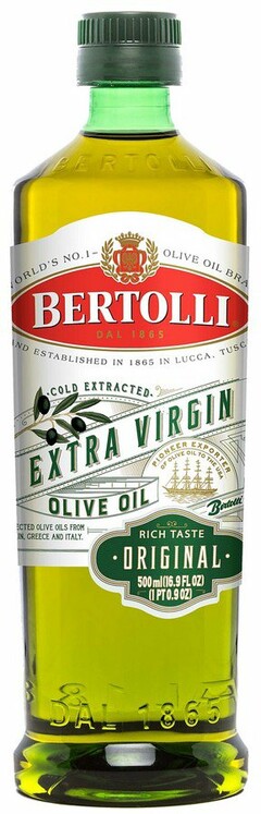 BERTOLLI DAL 1865 WORLD'S NO. 1 OLIVE OIL BRAND BRAND ESTABLISHED IN 1865 IN LUCCA, TUSCANY COLD EXTRACTED EXTRA VIRGIN OLIVE OIL SELECTED OLIVE OILS FROM ARGENTIA, ITALY, SPAIN AND TUNSIA. PIONEER EXPORTER OF OLIVE OIL TO THE USA BERTOLLI RICH TASTE ORIGINAL 500 ML (16.9 FL OZ) (1PT 0.9 OZ)
