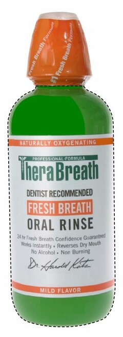 NATURALLY OXYGENATING THERA BREATH PROFESSIONAL FORMULA DENTIST RECOMMENDED FRESH BREATH ORAL RINSE 24 HR FRESH BREATH CONFIDENCE GUARANTEED WORKS INSTANTLY · REVERSES DRY MOUTH NO ALCOHOL · NON BURNING DR. HAROLD KATZ MILD FLAVOR #1 FRESH BREATH FORMULA